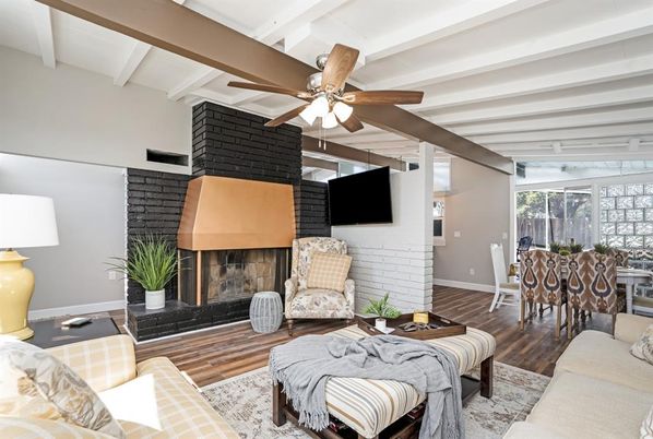 Dining room, Fireplace, Interior, Living room, Wood Texture Flooring