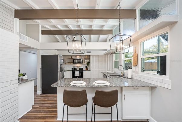 Interior, Kitchen, Pendant Lights, Stainless Steel Appliances, Stone Walls, Wooden Beams, Wood Texture Flooring