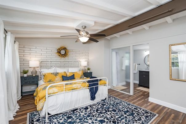 Bedroom, Interior, Stone Walls, Wood Texture Flooring