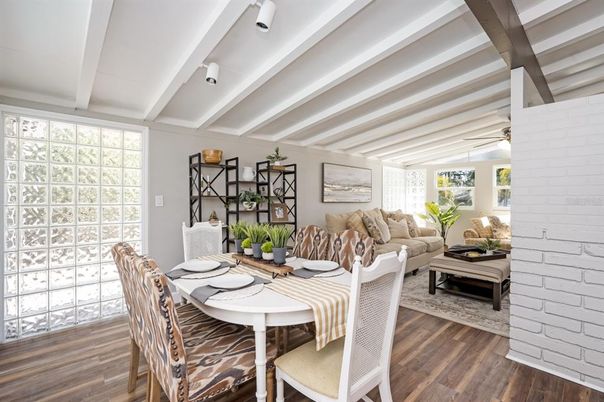 Dining room, Interior, Living room, Stone Walls, Wood Texture Flooring