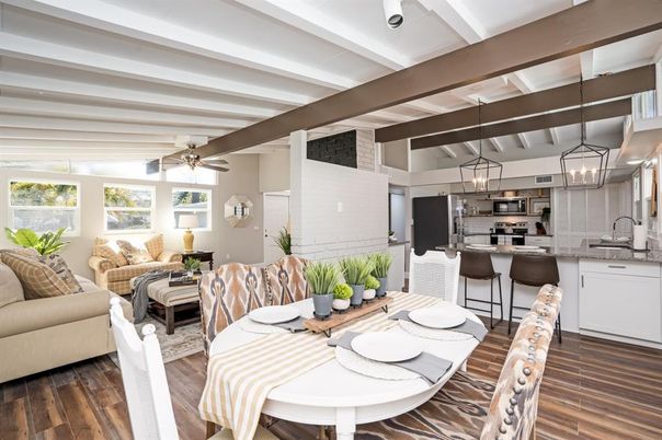 Dining room, Interior, Kitchen, Living room, Pendant Lights, Stainless Steel Appliances, Stone Walls, Wooden Beams, Wood Texture Flooring