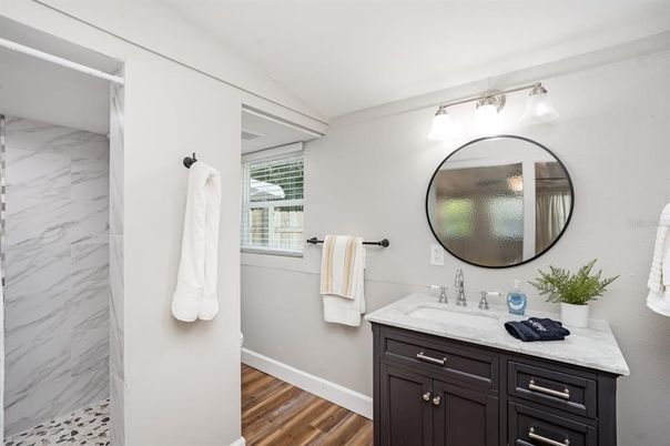 Bathroom, Interior, Marble Walls, Wood Texture Flooring