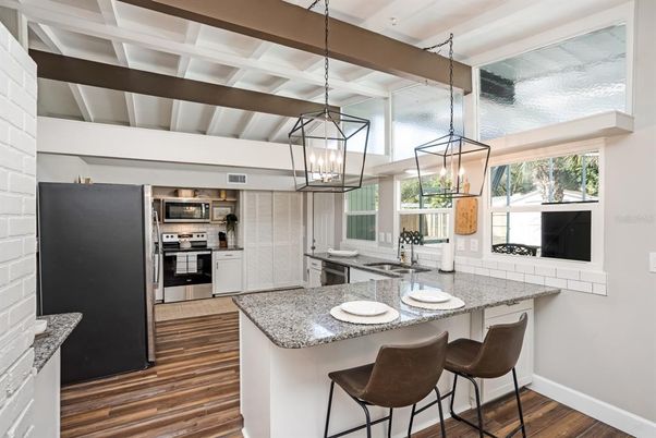 Interior, Kitchen, Pendant Lights, Stainless Steel Appliances, Wooden Beams, Wood Texture Flooring