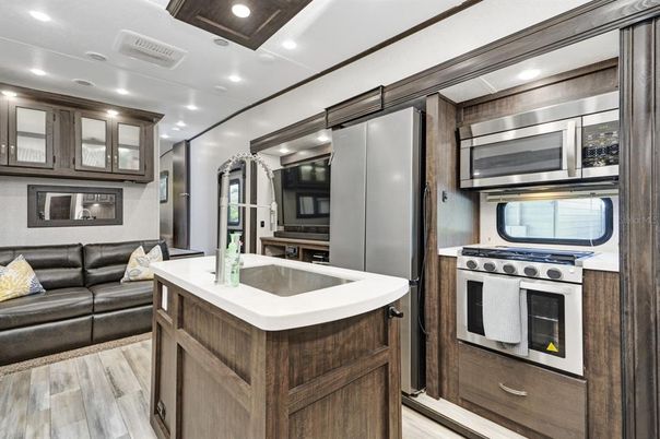 Interior, Kitchen, Living room, Recessed Lighting, Stainless Steel Appliances, Wood Texture Flooring