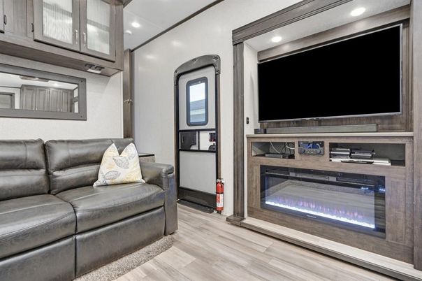 Fireplace, Interior, Recessed Lighting, Wood Texture Flooring