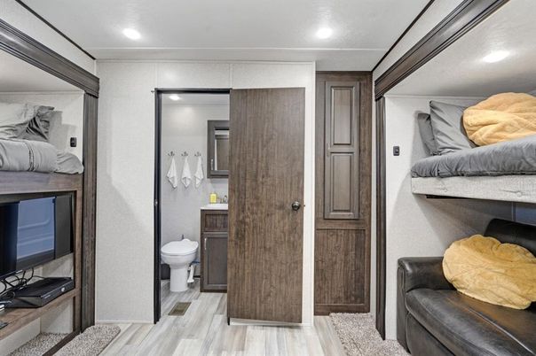 Bathroom, Interior, Recessed Lighting, Wood Texture Flooring