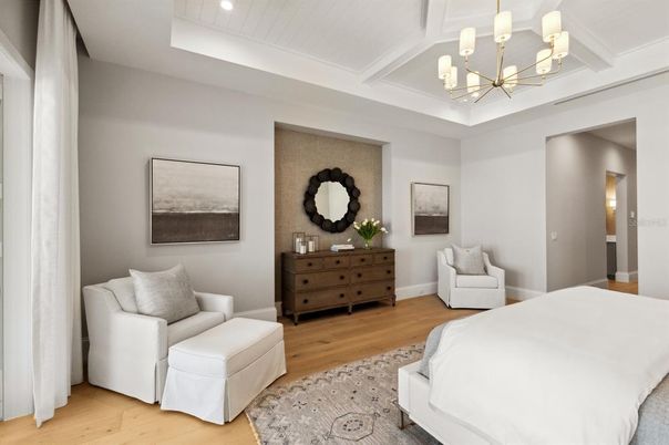 Bedroom, Interior, Pendant Lights, Recessed Lighting, Wood Texture Flooring
