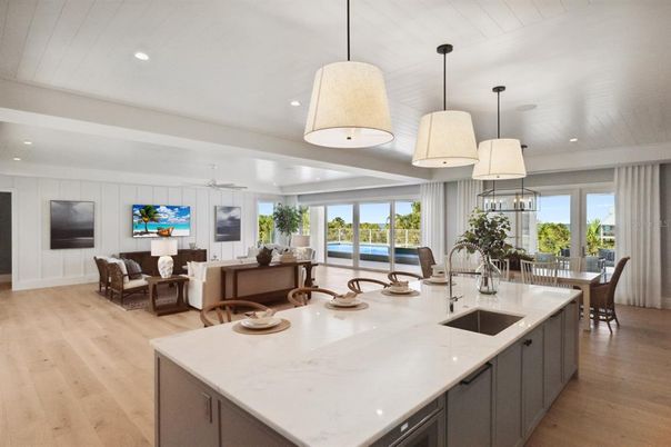 Dining room, Interior, Kitchen, Living room, Pendant Lights, Recessed Lighting, Wood Texture Flooring