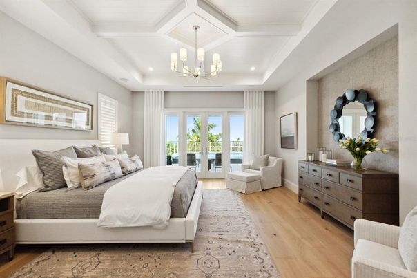 Bedroom, Interior, Pendant Lights, Recessed Lighting, Wood Texture Flooring