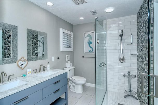 Bathroom, Dual Sink Vanities, Glass Shower, Interior, Recessed Lighting