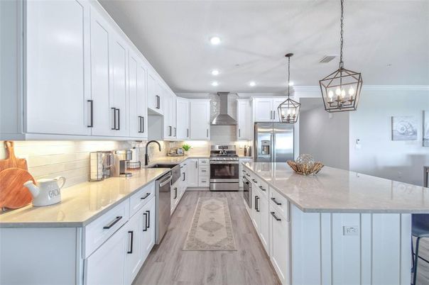 Interior, Kitchen, Pendant Lights, Recessed Lighting, Stainless Steel Appliances, Wood Texture Flooring
