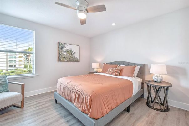 Bedroom, Interior, Recessed Lighting, Wood Texture Flooring