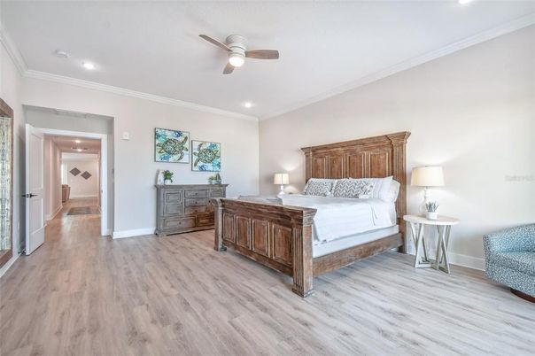 Bedroom, Interior, Recessed Lighting, Wood Texture Flooring