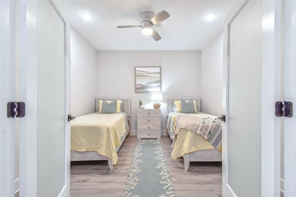 Bedroom, Interior, Recessed Lighting, Wood Texture Flooring