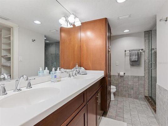 Bathroom, Dual Sink Vanities, Glass Shower, Interior, Recessed Lighting
