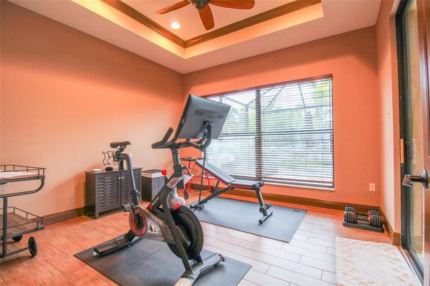 Interior, Gym, Wood Texture Flooring, Recessed Lighting, Fitness Equipment