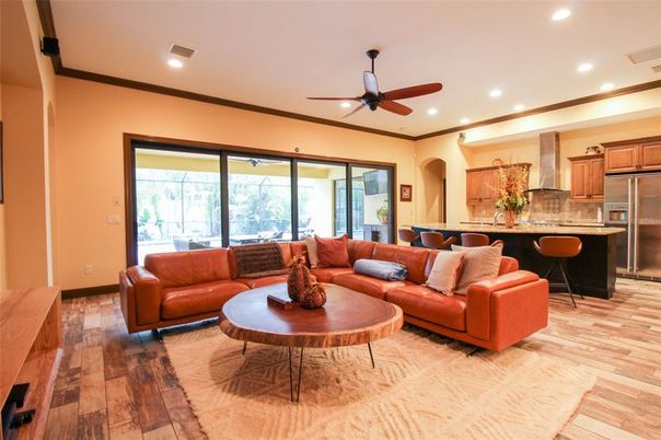 Interior, Kitchen, Wood Texture Flooring, Recessed Lighting, Living room, Stainless Steel Appliances
