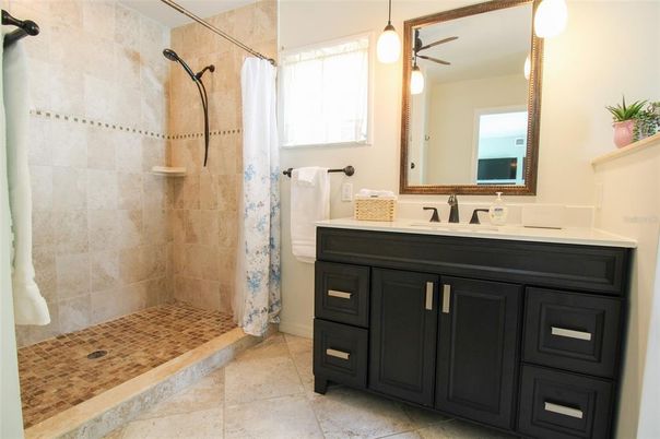 Interior, Bathroom, Glass Shower, Ceramic Tile, Pendant Lights