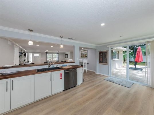 Interior, Kitchen, Pendant Lights, Recessed Lighting, Wood Texture Flooring