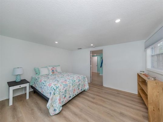 Bedroom, Interior, Recessed Lighting, Wood Texture Flooring