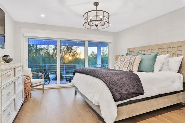 Bedroom, Chandelier, Interior, Recessed Lighting, Wood Texture Flooring