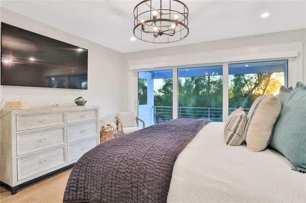 Bedroom, Chandelier, Interior, Recessed Lighting, Wood Texture Flooring