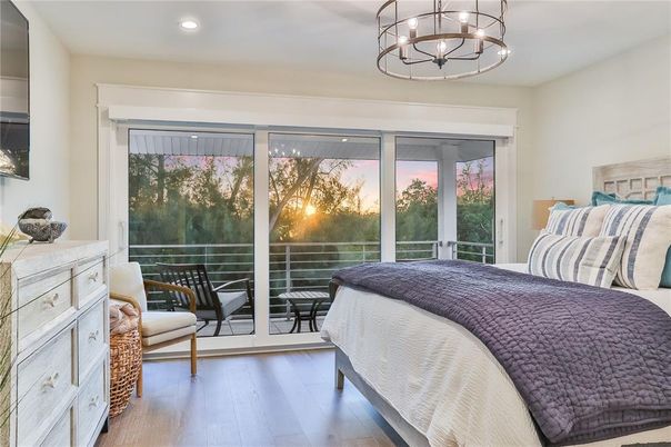 Bedroom, Chandelier, Interior, Recessed Lighting, Wood Texture Flooring