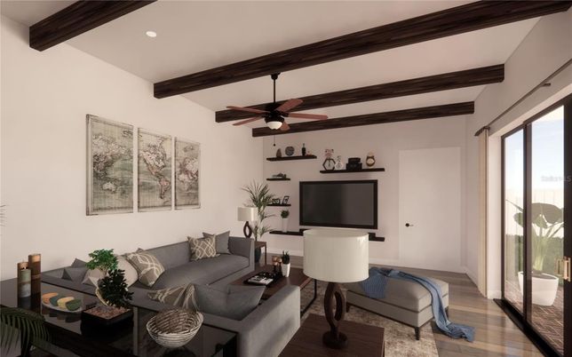 Interior, Living room, Recessed Lighting, Wooden Beams, Wood Texture Flooring