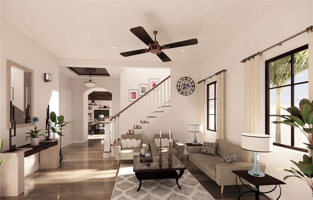Interior, Living room, Pendant Lights, Recessed Lighting, Wood Texture Flooring
