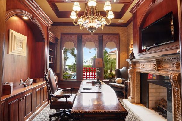 Chandelier, Fireplace, Home Office, Interior, Recessed Lighting