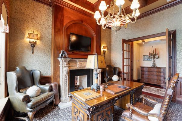 Chandelier, Fireplace, Home Office, Interior
