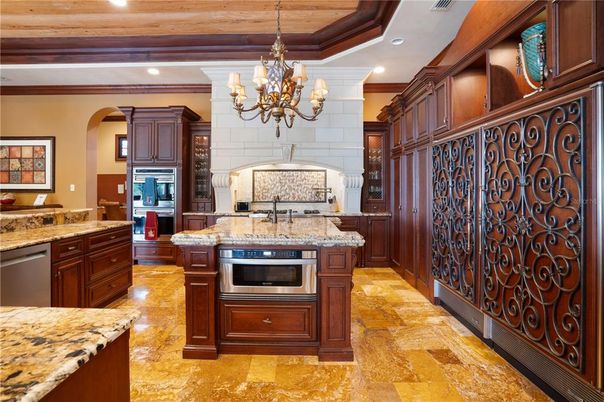 Chandelier, Interior, Kitchen, Recessed Lighting, Stainless Steel Appliances, Wooden Beams, Wooden Ceilings