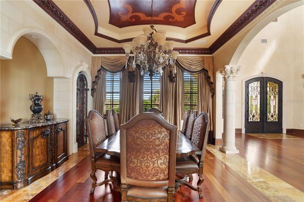 Chandelier, Dining room, Interior, Wood Texture Flooring