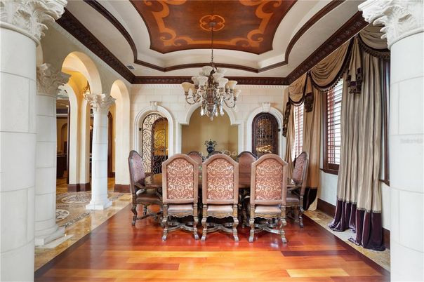 Chandelier, Dining room, Interior, Wood Texture Flooring