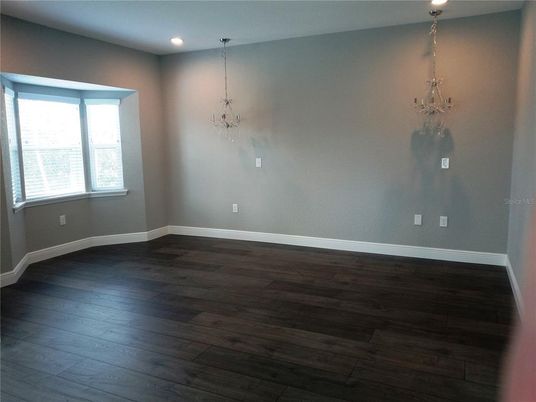 Chandelier, Empty room, Interior, Recessed Lighting, Wood Texture Flooring