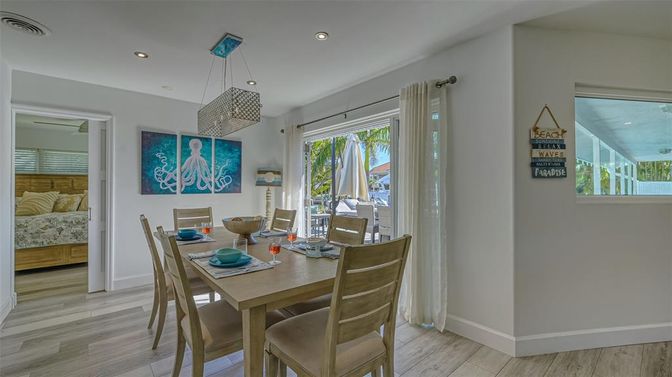 Bedroom, Dining room, Interior, Pendant Lights, Recessed Lighting, Wood Texture Flooring