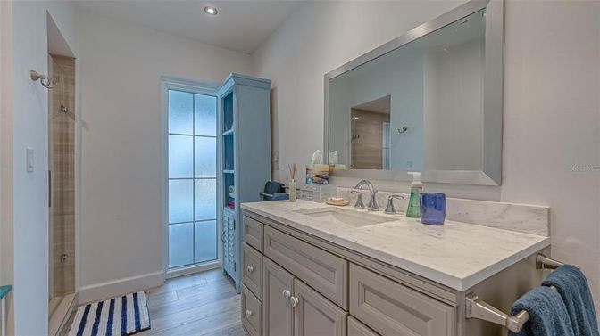 Bathroom, Interior, Recessed Lighting, Wood Texture Flooring