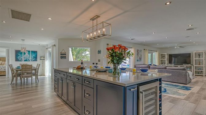 Dining room, Interior, Kitchen, Living room, Pendant Lights, Recessed Lighting, Wood Texture Flooring
