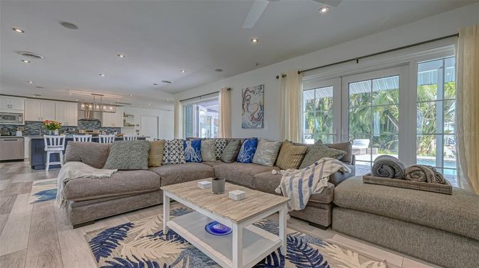 Interior, Kitchen, Living room, Pendant Lights, Recessed Lighting, Stainless Steel Appliances, Wood Texture Flooring