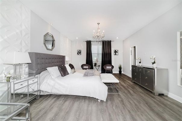 Bedroom, Chandelier, Interior, Recessed Lighting, Wood Texture Flooring