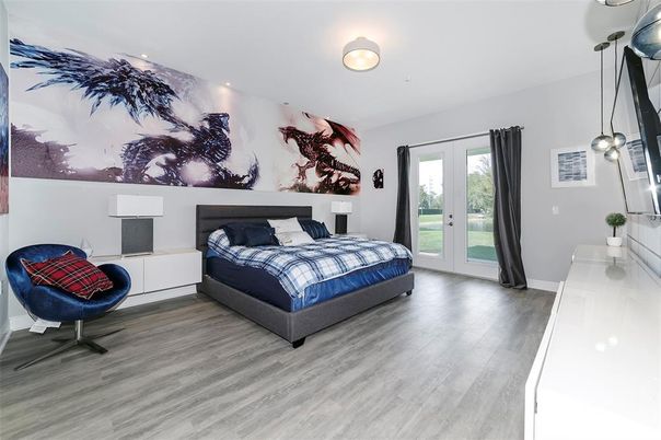 Bedroom, Interior, Pendant Lights, Recessed Lighting, Wood Texture Flooring
