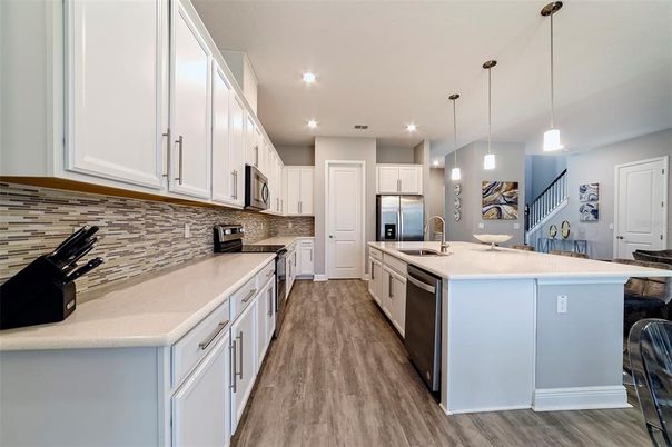 Interior, Kitchen, Pendant Lights, Recessed Lighting, Stainless Steel Appliances, Wood Texture Flooring