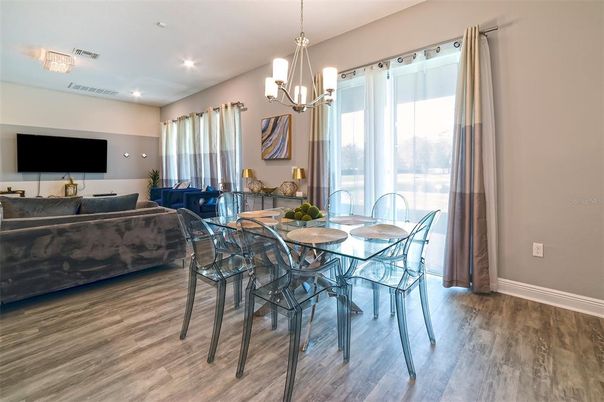 Chandelier, Dining room, Interior, Living room, Recessed Lighting, Wood Texture Flooring