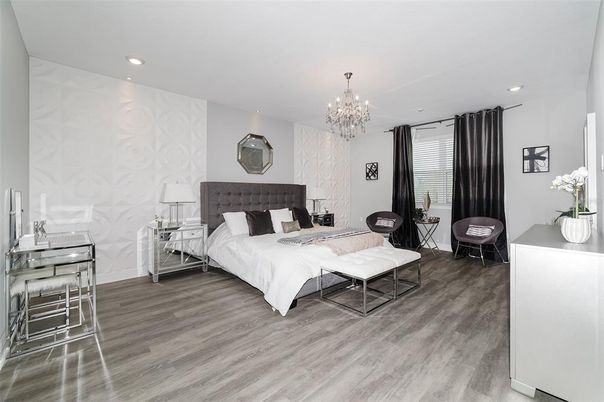 Bedroom, Chandelier, Interior, Recessed Lighting, Wood Texture Flooring