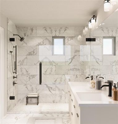 Bathroom, Glass Shower, Interior, Marble, Marble Walls