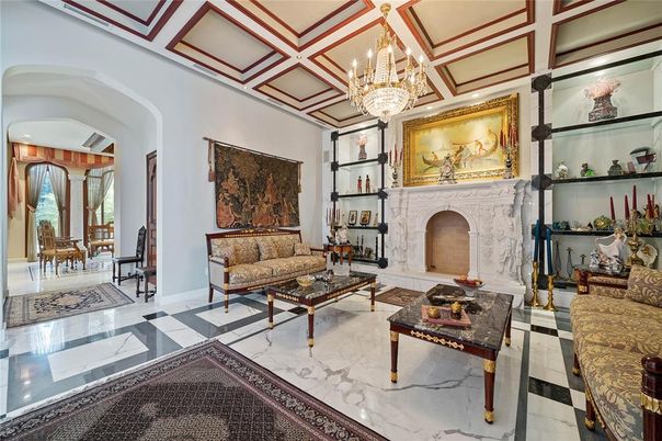 Chandelier, Dining room, Fireplace, Interior, Living room, Marble, Recessed Lighting