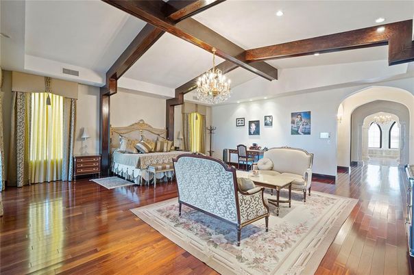 Bedroom, Chandelier, Interior, Recessed Lighting, Wooden Beams, Wood Texture Flooring