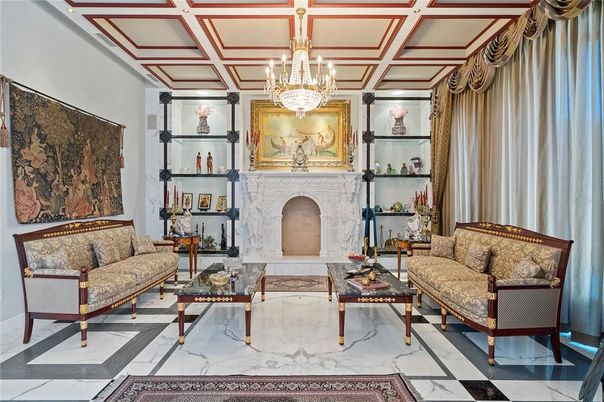 Chandelier, Fireplace, Interior, Living room, Marble