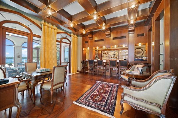 Dining room, Interior, Pendant Lights, Wood Texture Flooring