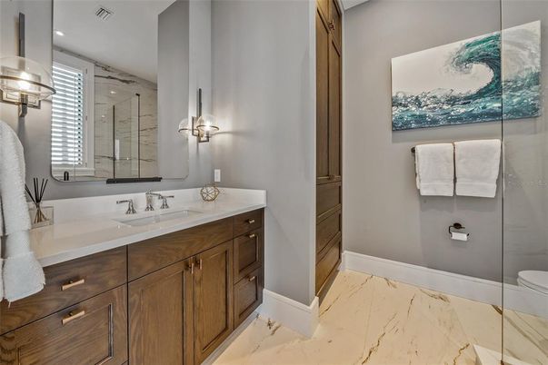 Bathroom, Glass Shower, Interior, Marble, Recessed Lighting